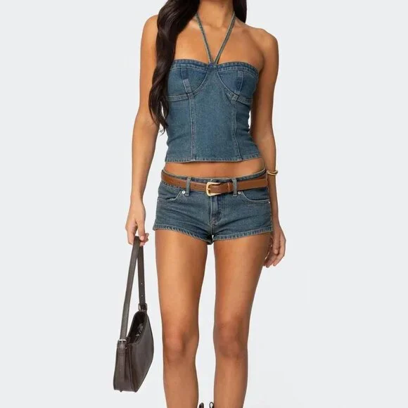 Edikted Micro Low Rise Denim Shorts - Picture 1 of 4